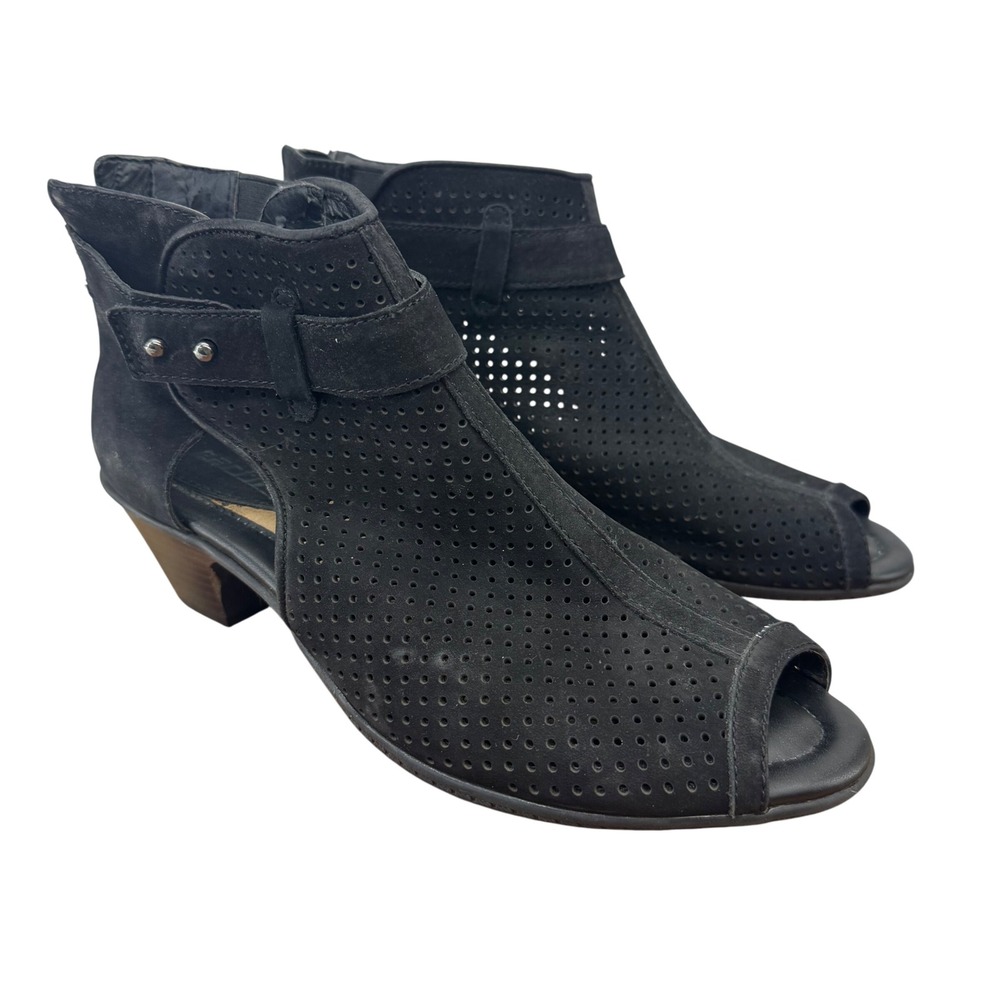 Earth Intrepid Black Suede‎ Peep Toe Perforated Ankle Booties Zipper Women 8B